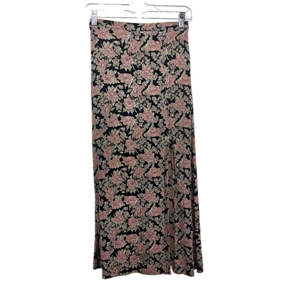 AE American Eagle High-Waisted Black Pink Floral Front Slit Midi Skirt XS